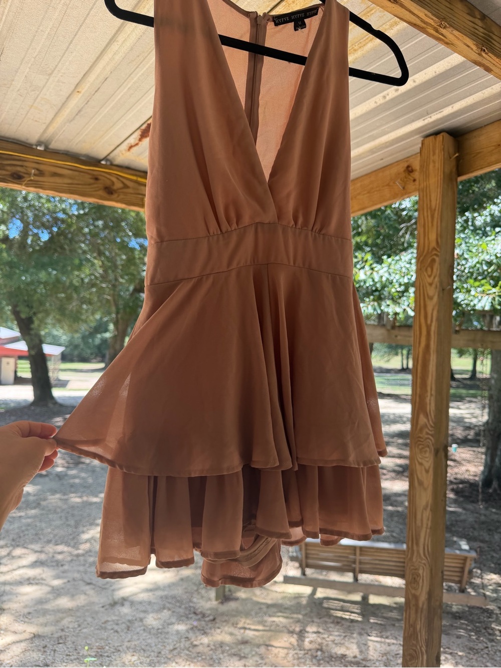 HYFVE Mauve Brown Tiered V-Neck Mini Dress